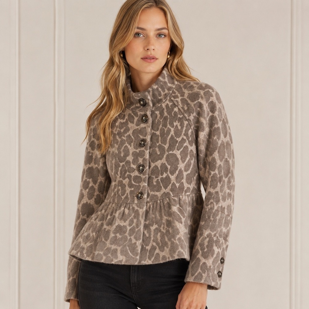 NEW Rebecca Taylor Peplum Jacket Leopard Wool Angora Blend Mock Neck Women 4